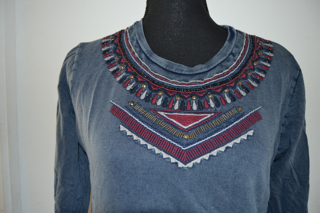 Top Manches Longues Bleu Délavé Style Ethnique – Pimkie (Taille S)