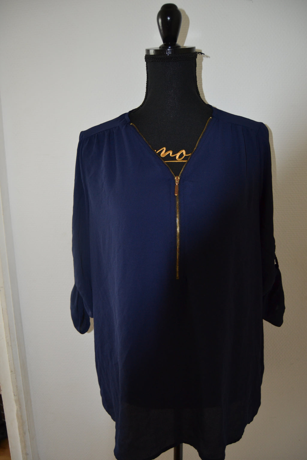 Blouse fluide bleu marine Gémo avec zip doré – Taille 44 – Très bon état