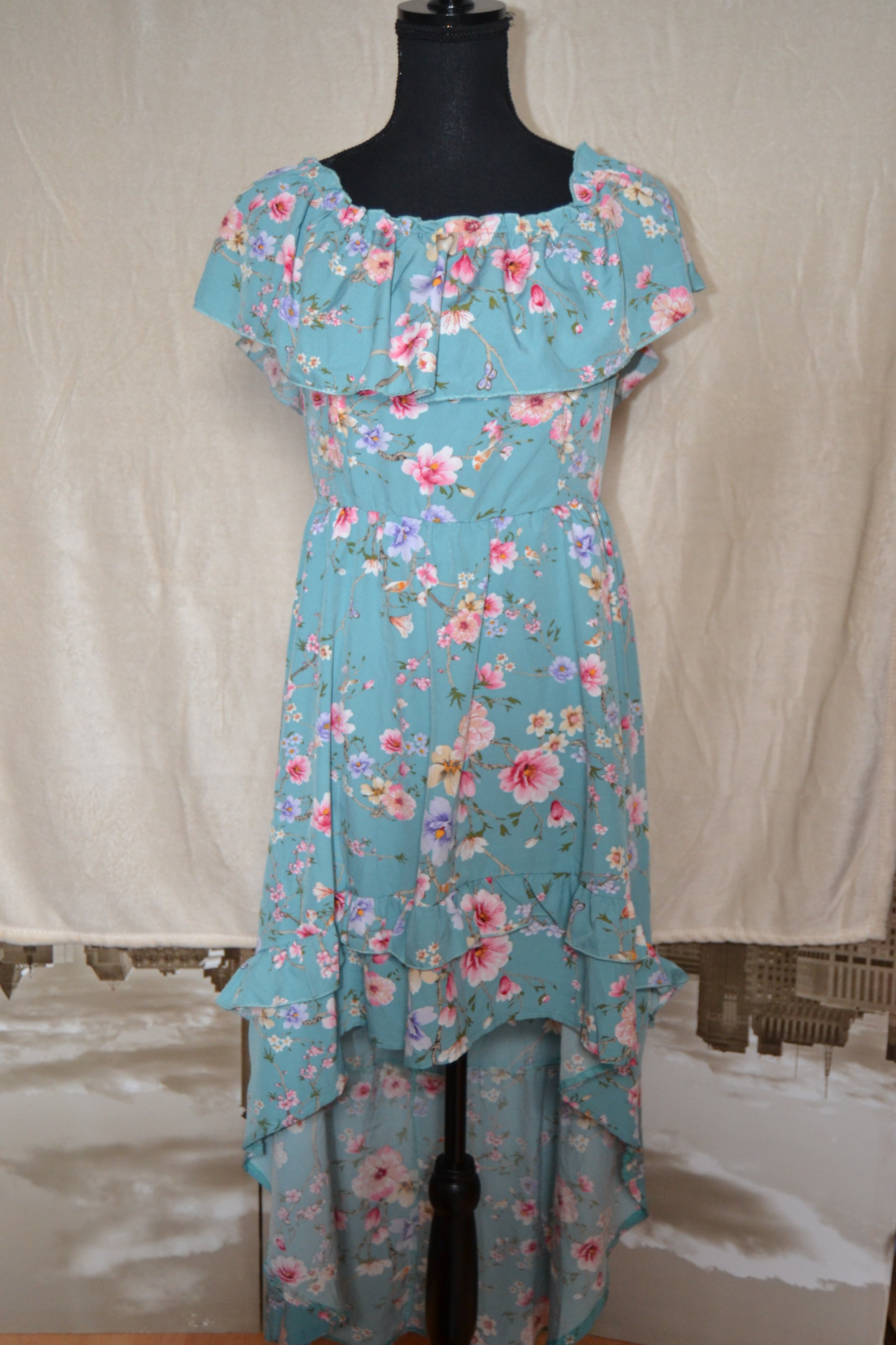 Robe Fleurie Vert d'Eau — Mooya Paris | Taille L